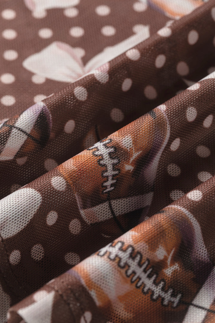 Brown Polka Dot Bow Printed Game Day Vibes Mesh Long Sleeve Top