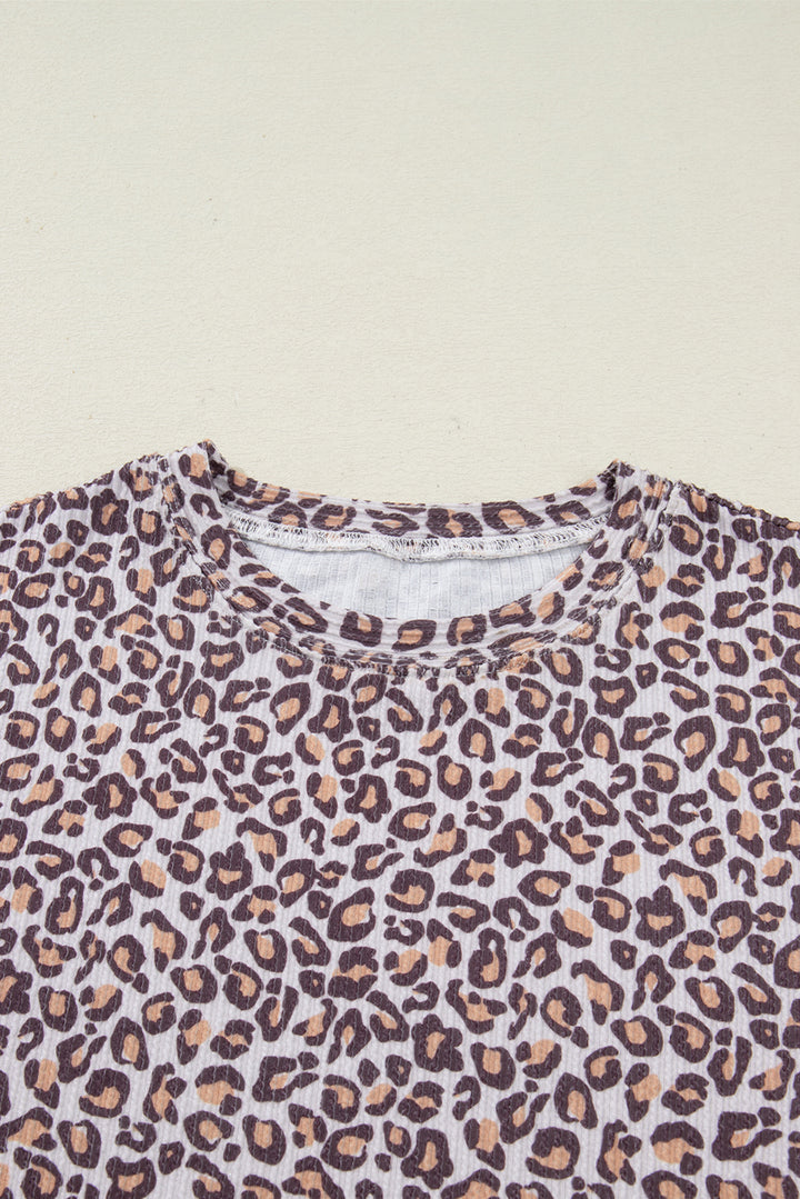 Khaki Leopard Ribbed Long Sleeve Top Drawstring Shorts 2pcs Outfit