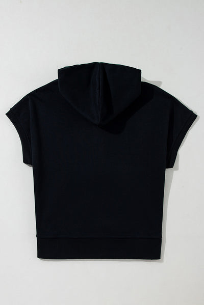 Black Half Zipper Kangaroo Pocket Short Sleeve Hoodie