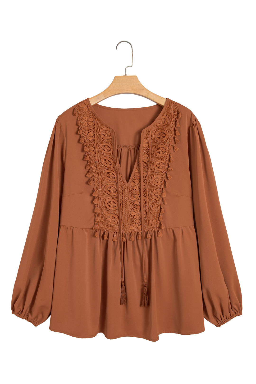 Chestnut Boho V Neck Embroidered Tassel Long Sleeve Plus Size Blouse