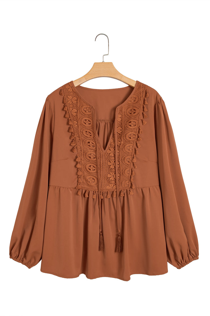 Chestnut Boho V Neck Embroidered Tassel Long Sleeve Plus Size Blouse
