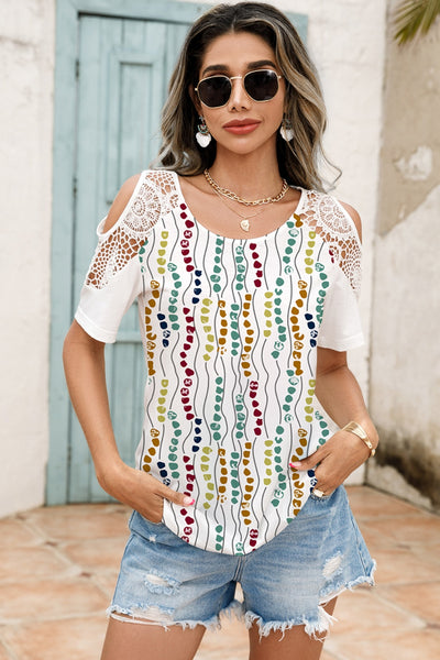 Shiny Lace Detail Round Neck Cold Shoulder Blouse