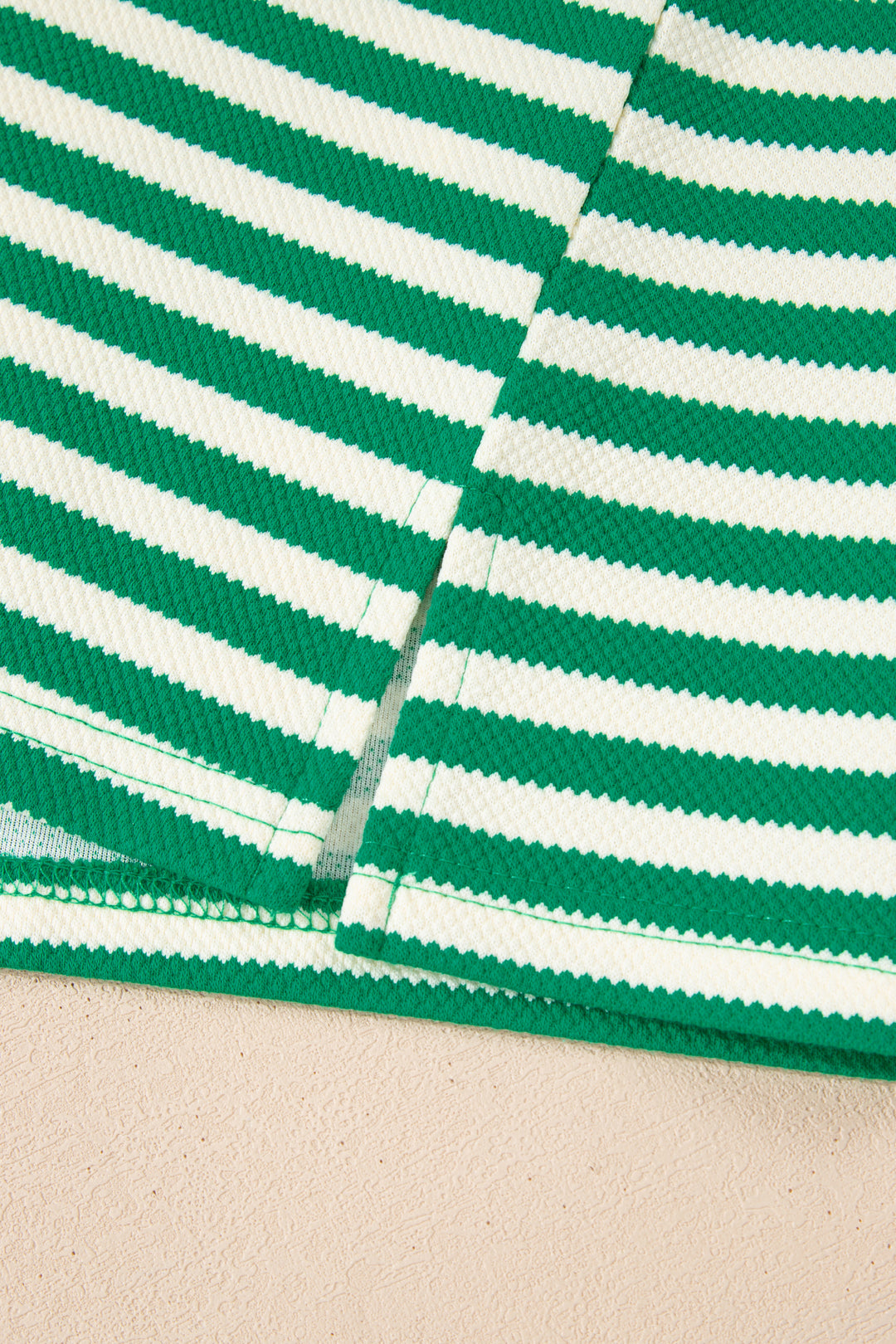 Green Stripe Puff Short Sleeve Patchwork V Neck Blouse