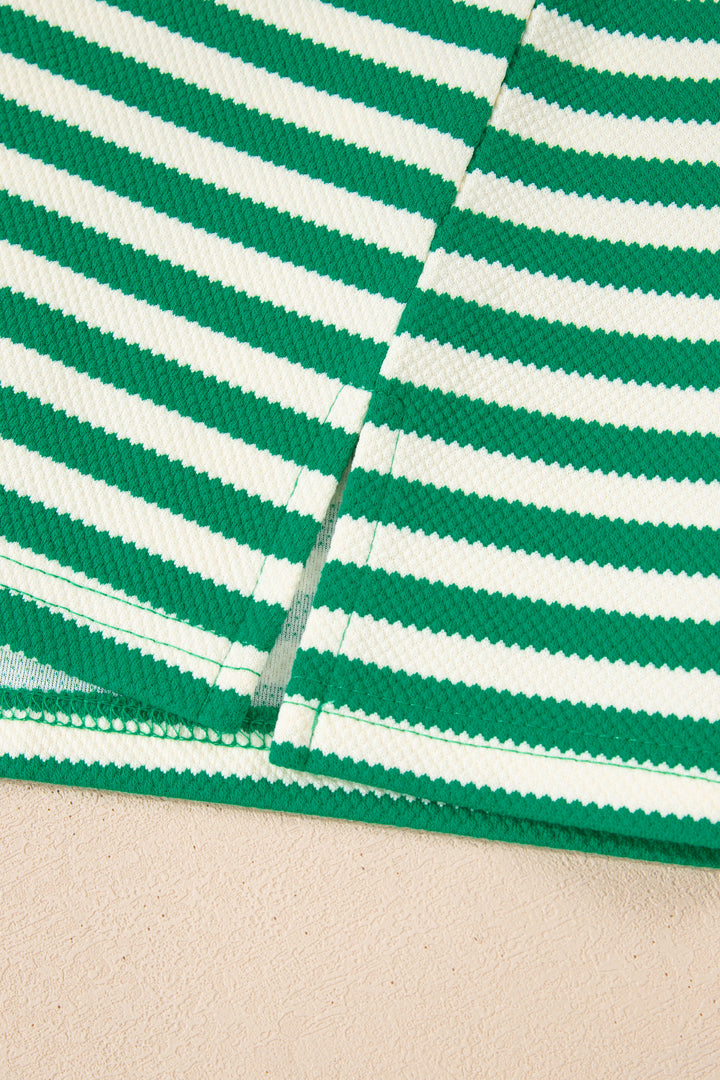 Green Stripe Puff Short Sleeve Patchwork V Neck Blouse