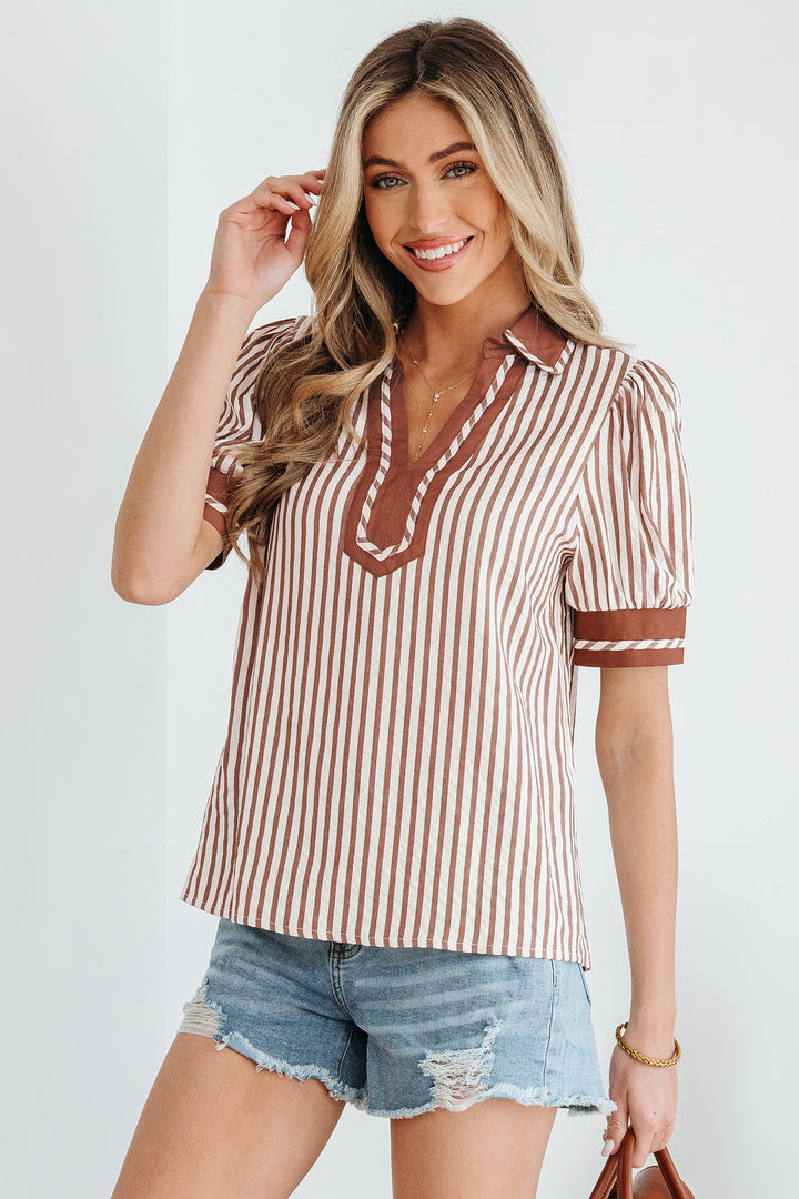 Khaki Stripe Collared Split Neck Short Bubble Sleeve Blouse