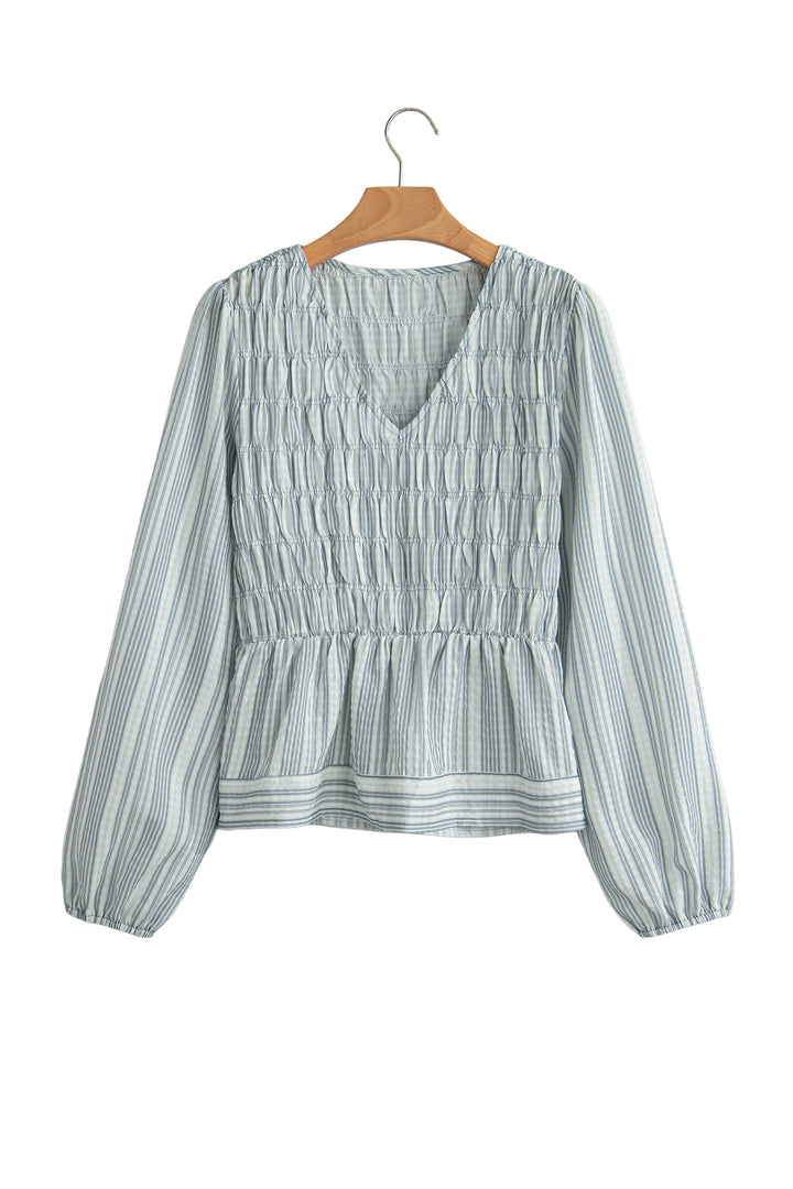 Blue Stripe V Neck Shirred Long Sleeve Blouse