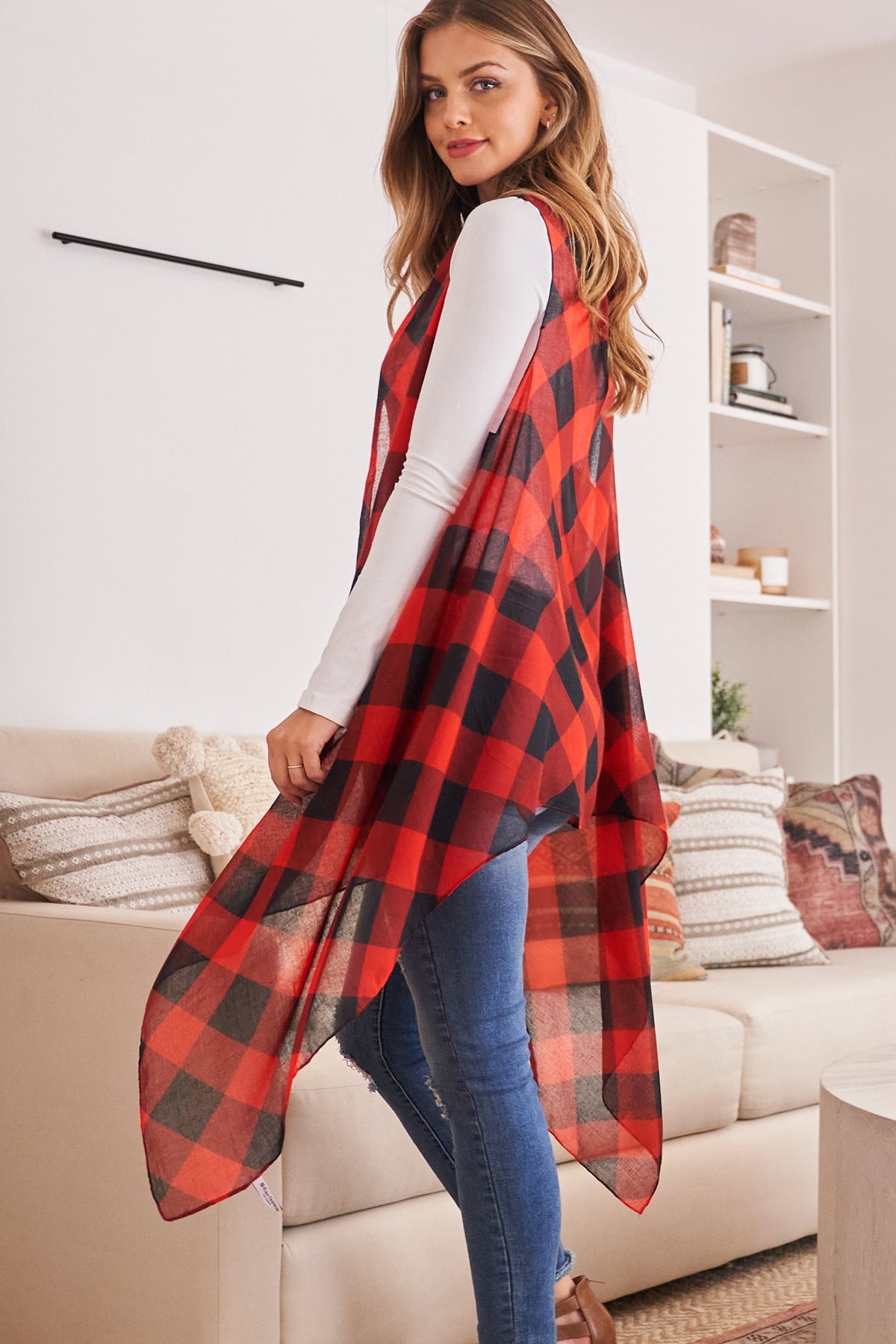 Hdf2567 - Plaid Knee Length Kimono Cardigan