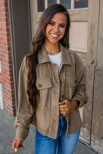 Dark Khaki Textured Chest Pocket Button-up Shacket