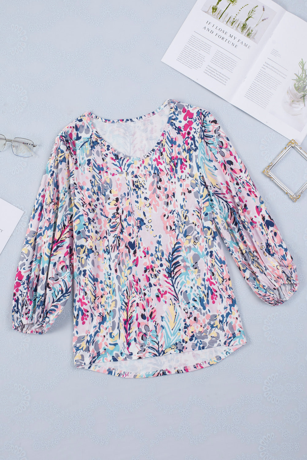 Blue Floral Print Puffy Sleeve Loose Blouse