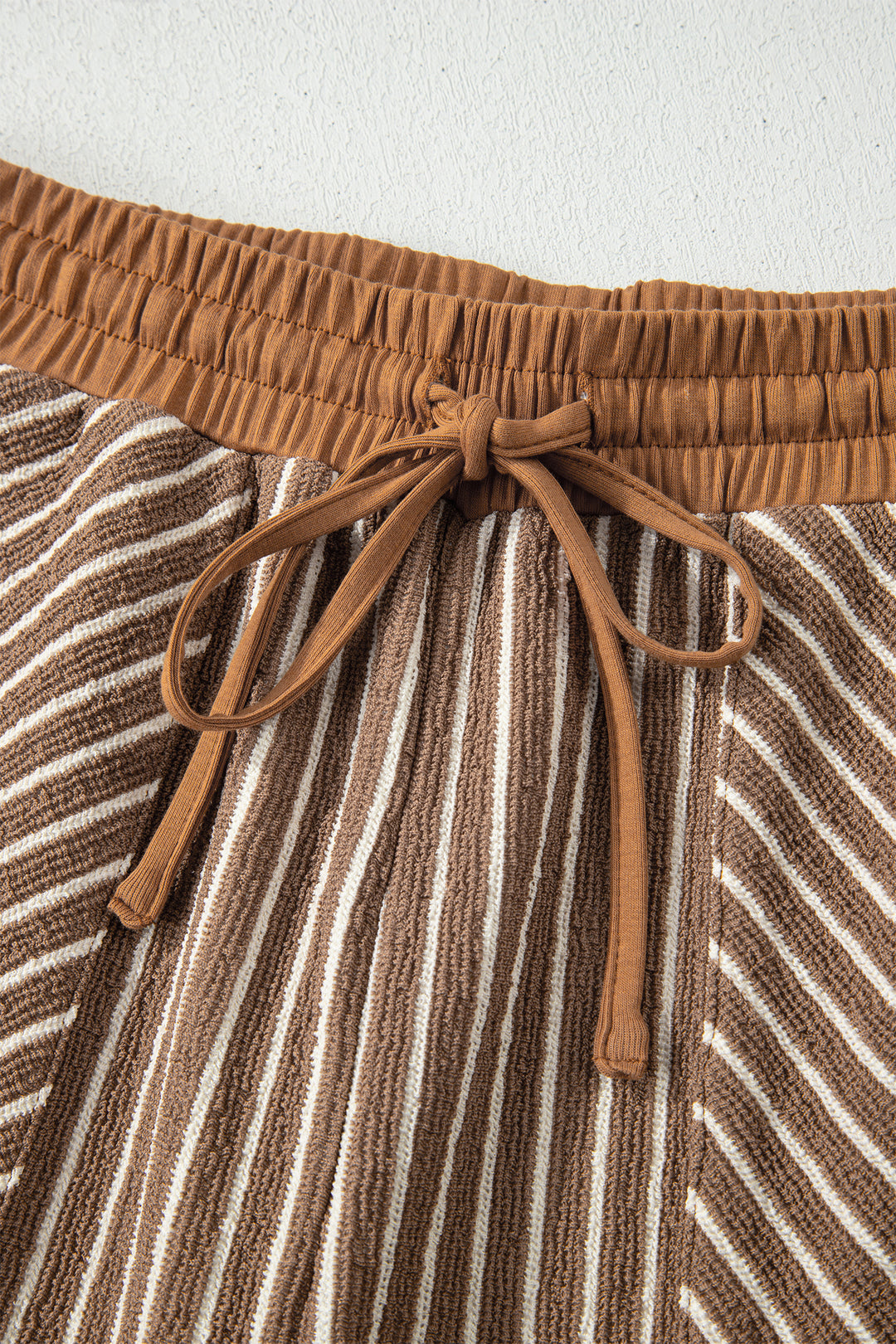 Khaki Stripe Crew Neck Tee Drawstring Waist Cropped Pants Set