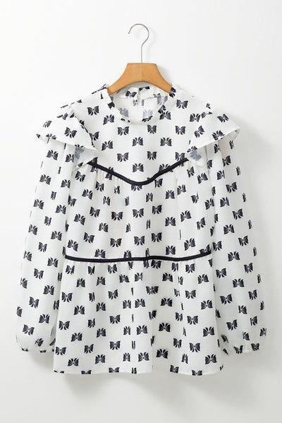 White Bow Knot Print Piping Trim Ruffled Crew Neck Blouse