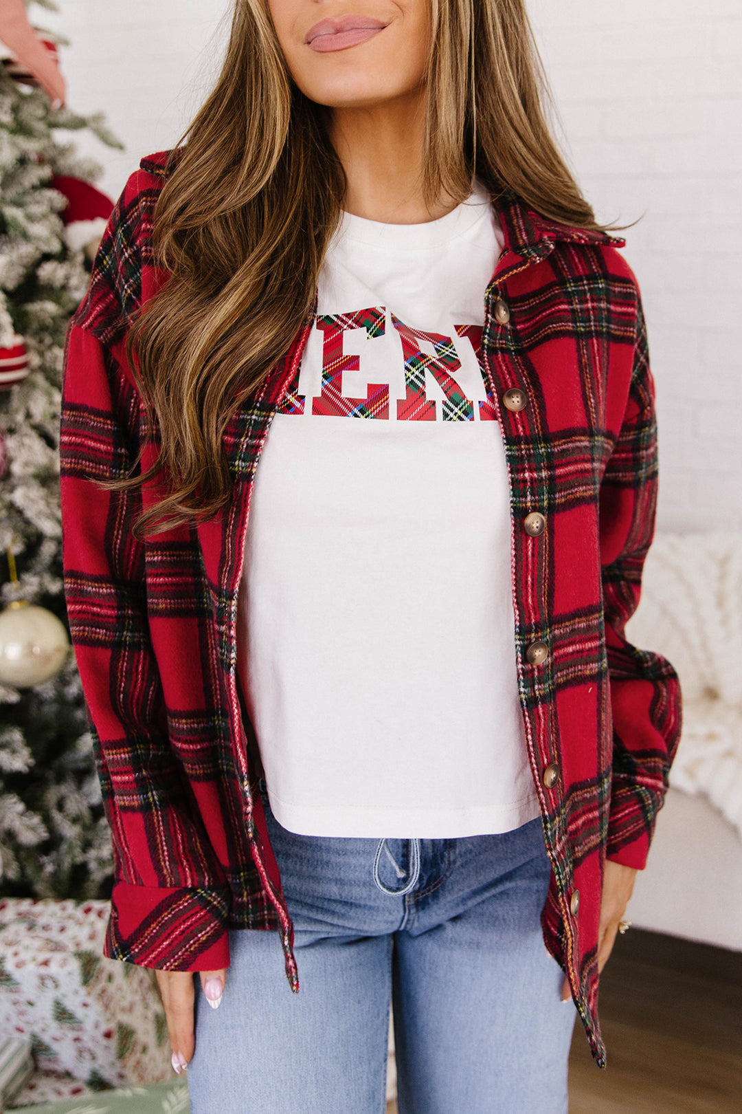 Red Plaid Button Front Shacket