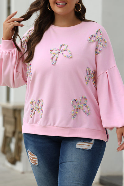 Parchment Embroidered Bow Lantern Sleeve Oversized Pullover Sweatshirt