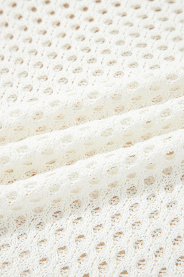 Yellow Cream Scalloped Trim Hollow Out Knit Long Sleeve Top