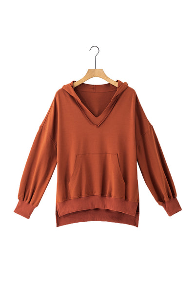 Chestnut V Neck Kangaroo Pocket Oversized Hoodie