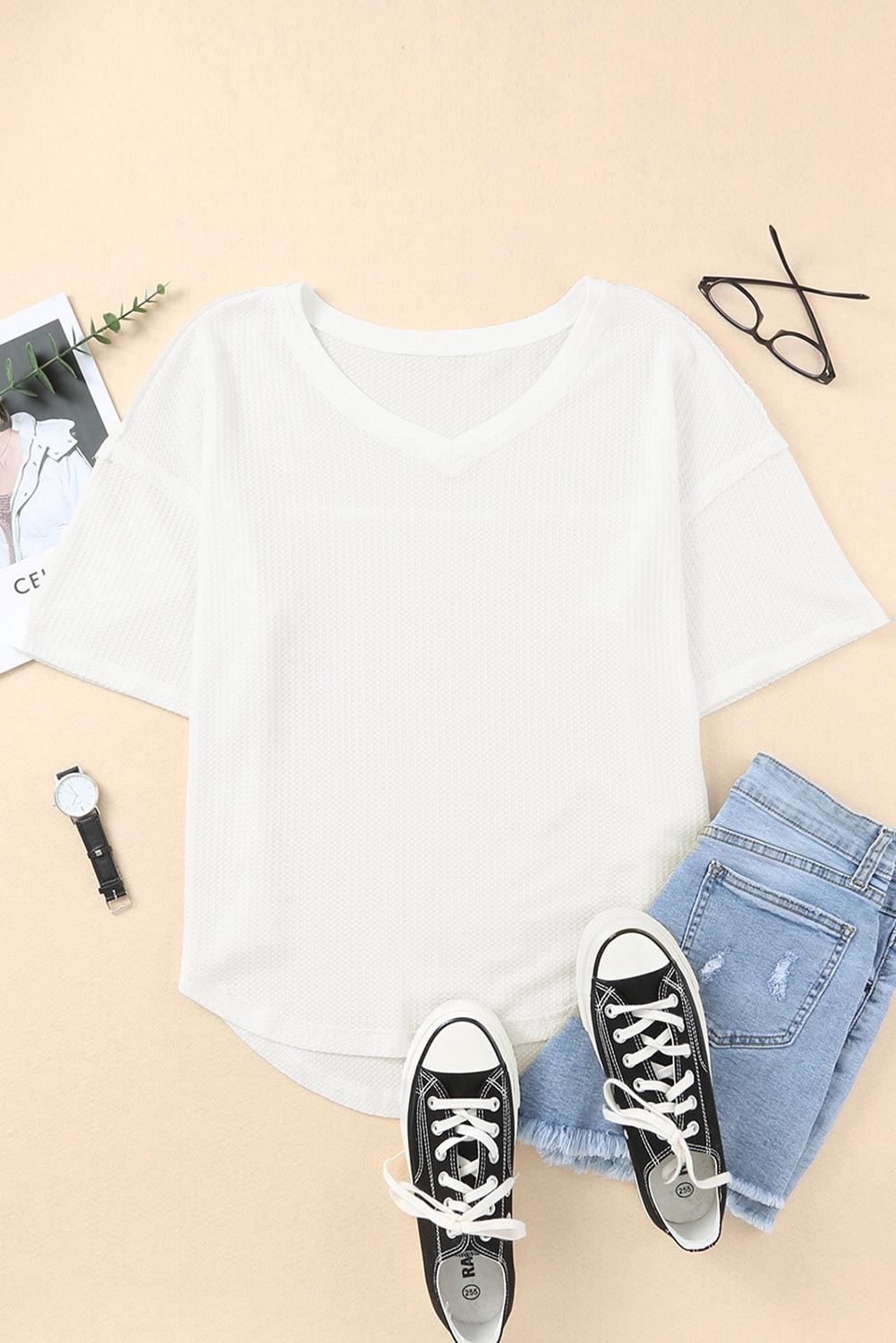 White Waffle Knit Drop Shoulder Loose Top