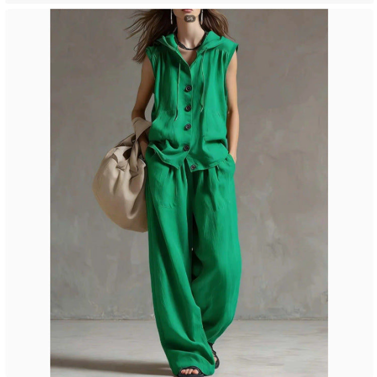 Sleeveless Hooded Top &amp; Wide-Leg Pants Set | High-Waist Two-Piece
