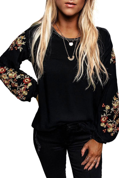 Black Floral Embroidery Long Sleeve Top