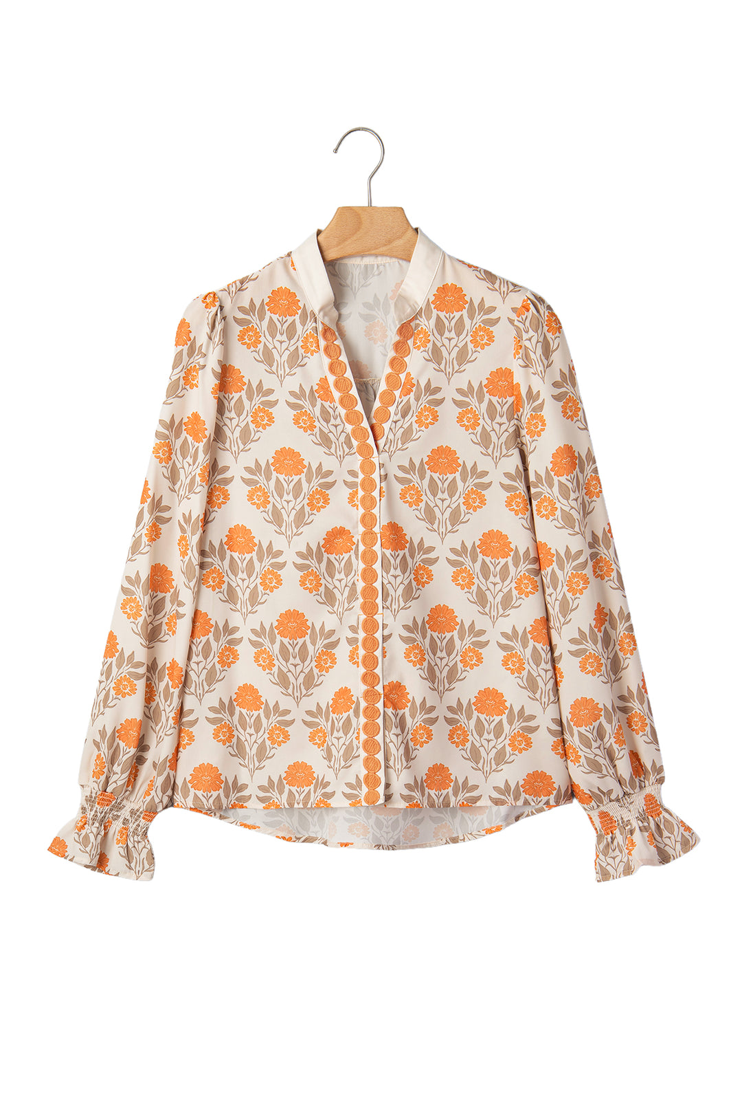 Orange Floral Print Contrast Detail V Neck Long Sleeve Blouse
