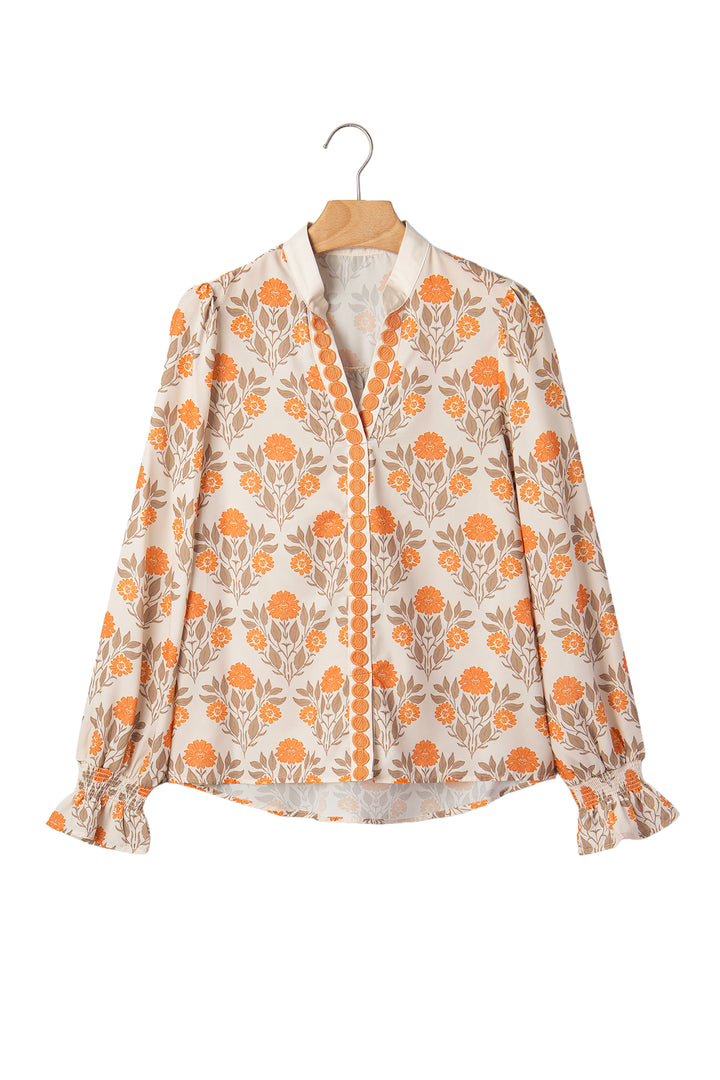 Orange Floral Print Contrast Detail V Neck Long Sleeve Blouse