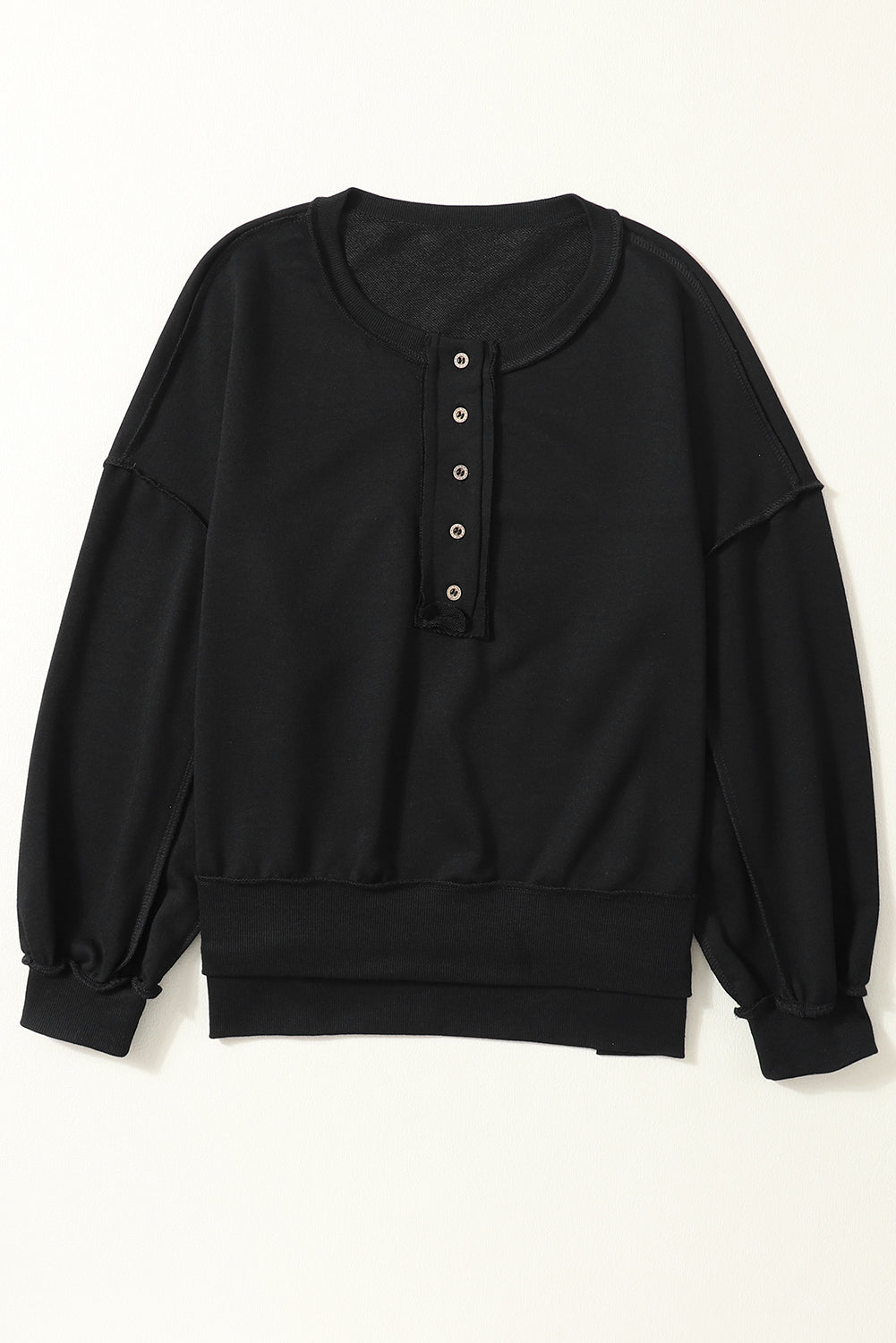 Black Drop Shoulder Henley Buttons Sweatshirt