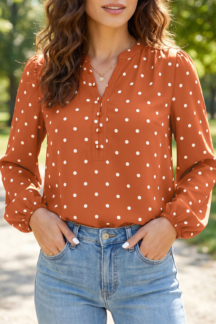 Brown Polka Dot Half Button V Neck Long Sleeve Blouse