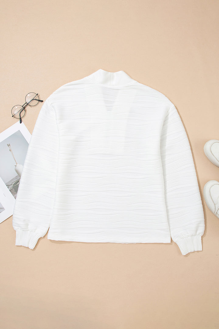 White Solid Color Textured Zip V Neck Pullover Sweatshirt