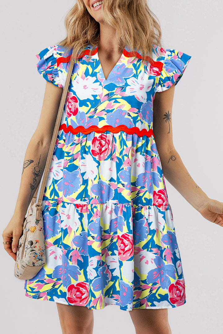 Pink Floral Printed V Notched Ric Rac Flutter Sleeve Dress