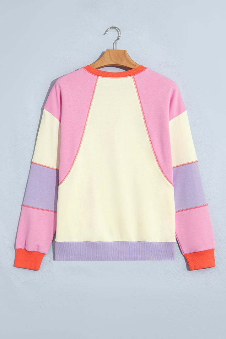 Multicolour Exposed Seam Colorblock Patchwork Pullover Long Sleeve Top