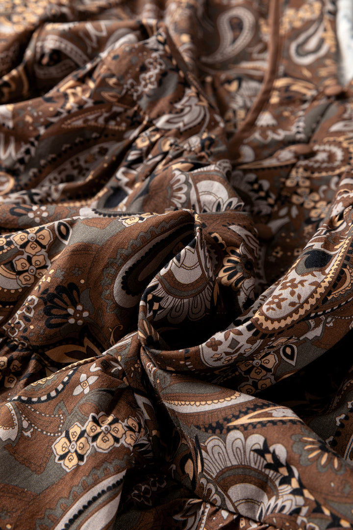 Brown Paisley Print Half Buttons Puff Sleeve Flowy Short Dress