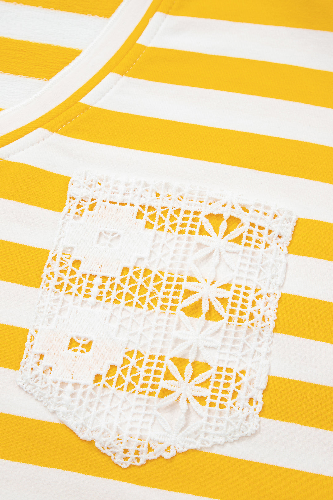 Yellow Stripe Striped Lace Patchwork V Neck Long Sleeve Top