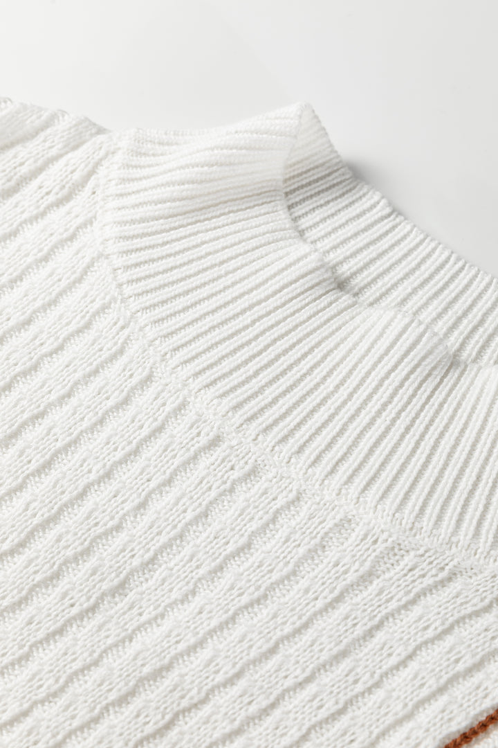 White Mix Texture Patchwork Contrast Stitch Mock Neck Sweater
