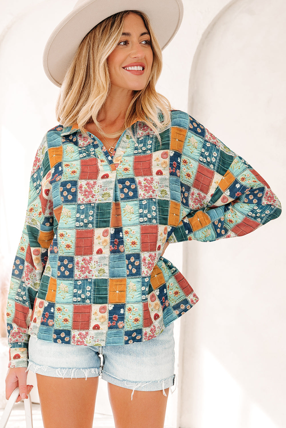 Blue Floral Collared V Neck Roll up Sleeve Shift Blouse