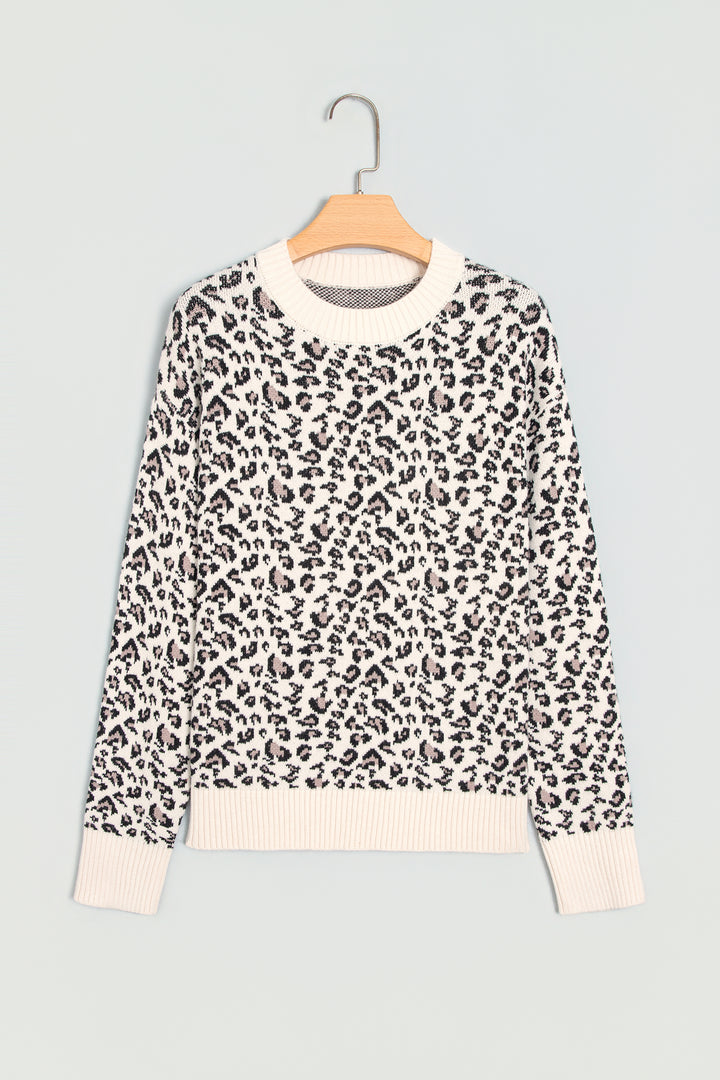 Beige Leopard Print Ribbed Color Block Trim Pullover Sweater
