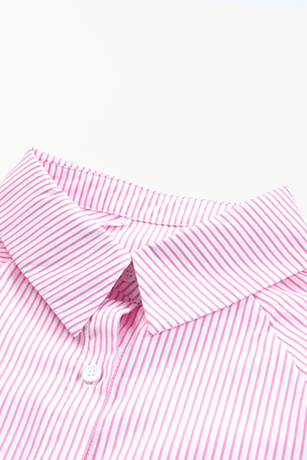 Pink Smocked Cuffed Striped Boyfriend Shirt with Pocket