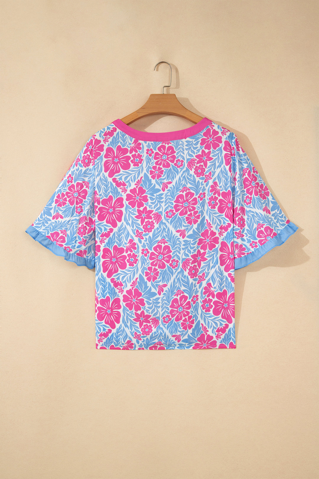 Sky Blue Floral Print Ruffled Color Block Trim Half Sleeve Blouse