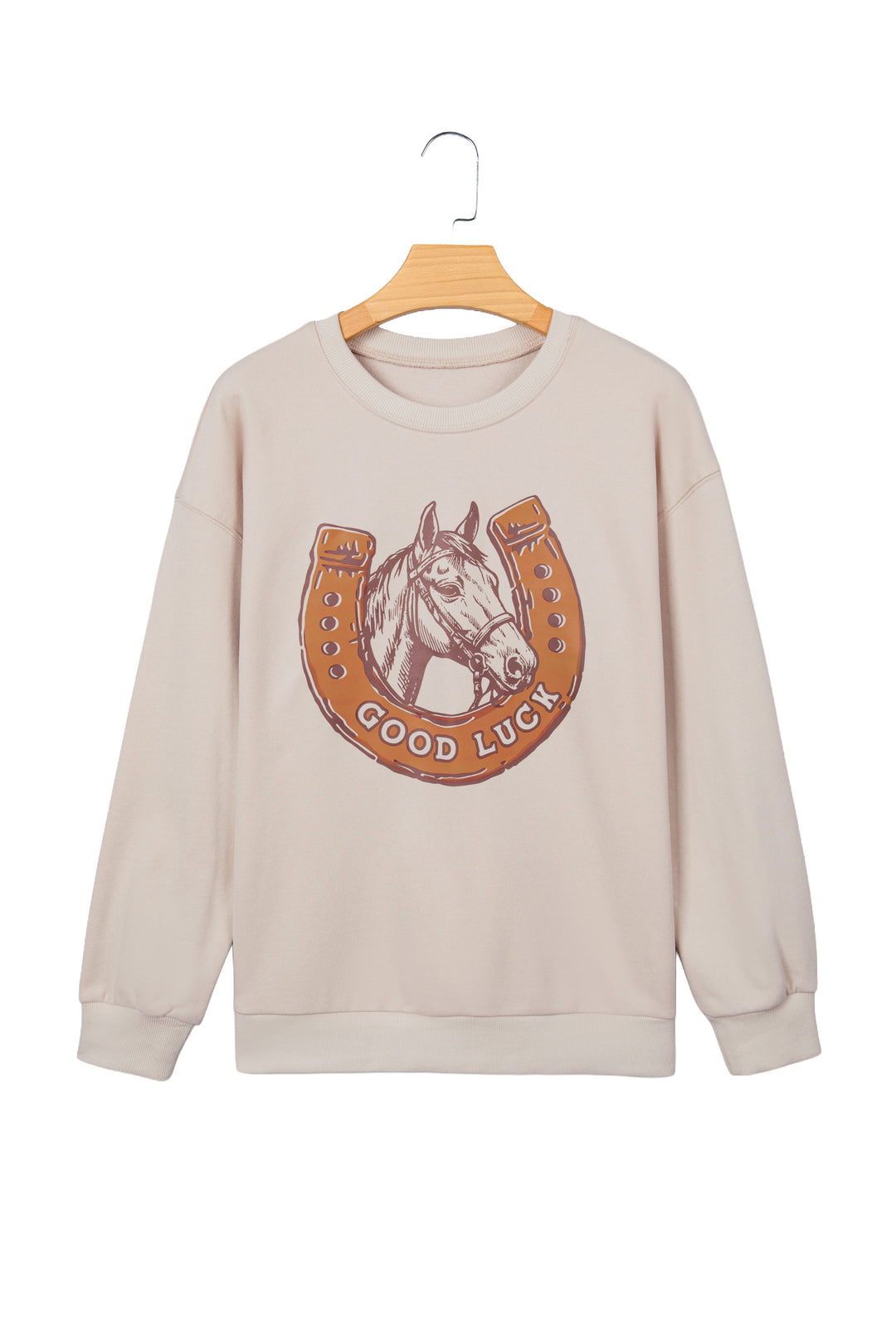 Beige GOOD LUCK Western Horse Print Oversized Pullover Sweatshirt