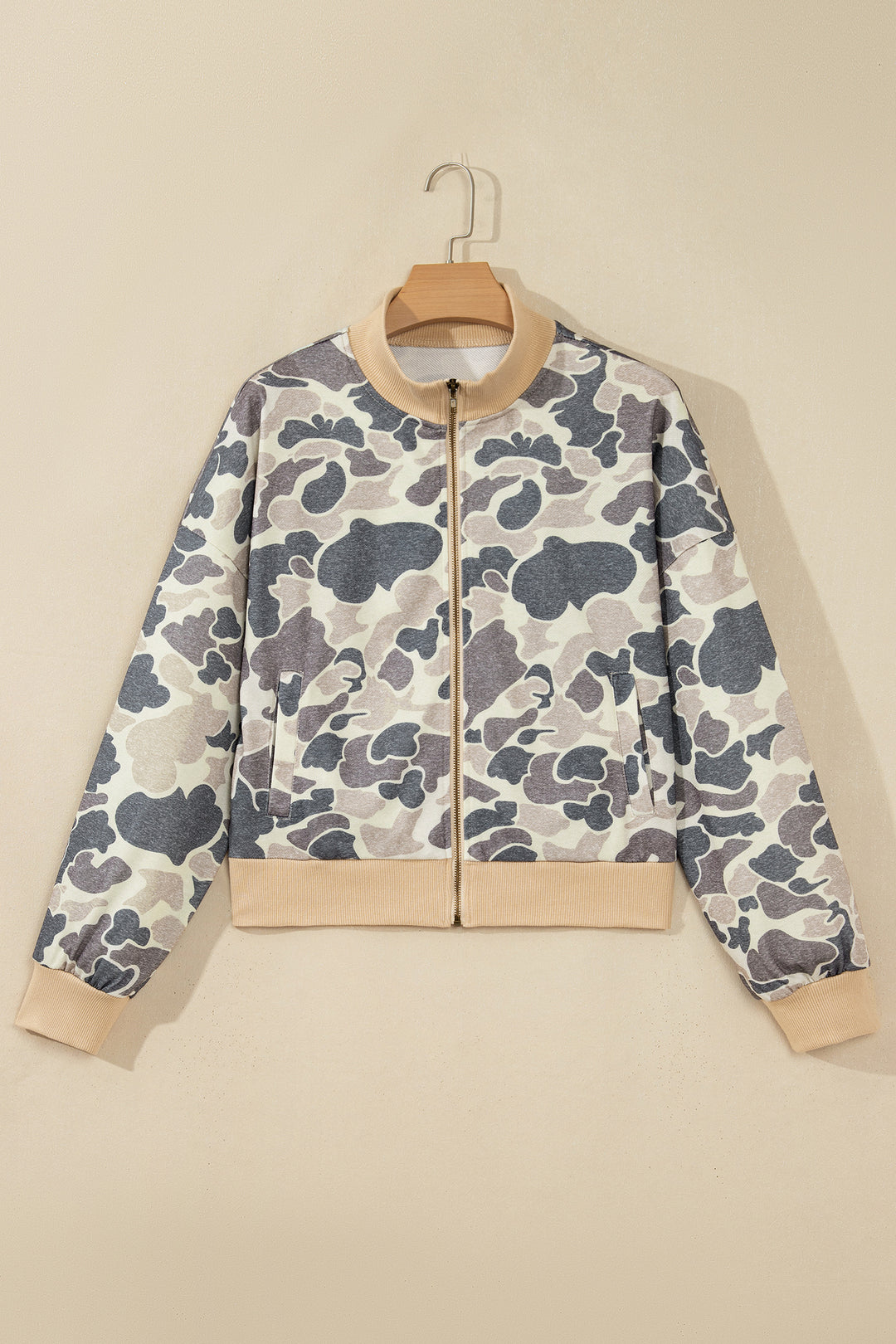 Multicolour Camouflage Print Color Block Trim Zip Bomber Sweatshirt
