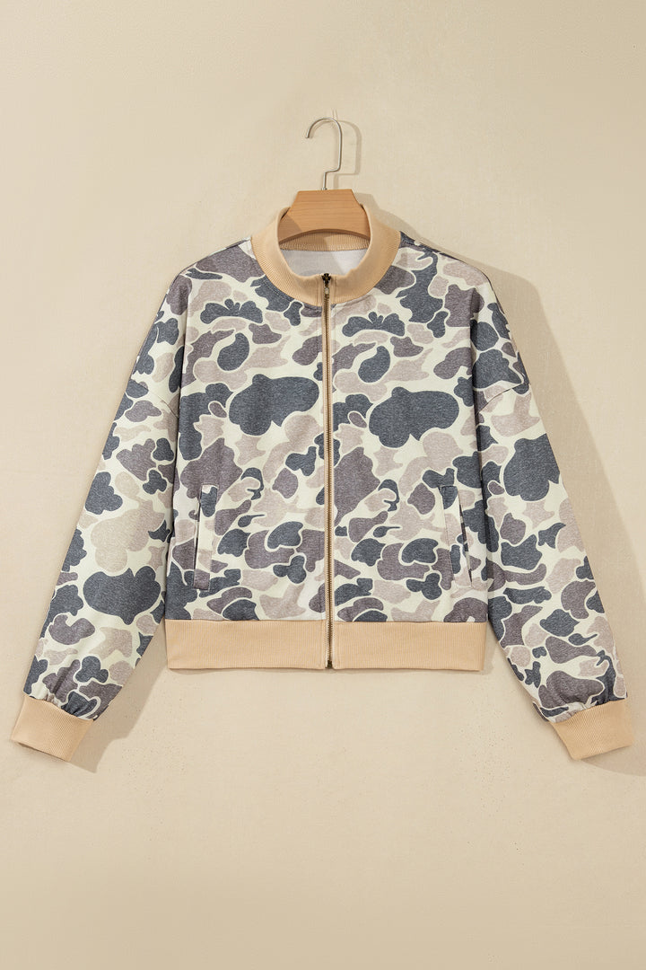 Multicolour Camouflage Print Color Block Trim Zip Bomber Sweatshirt