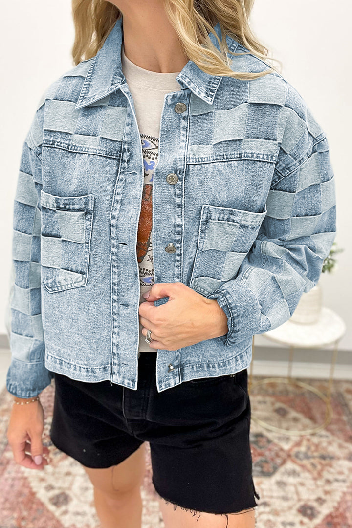 Beau Blue Denim Checkered Pattern Patchwork Womens Casual Jacket