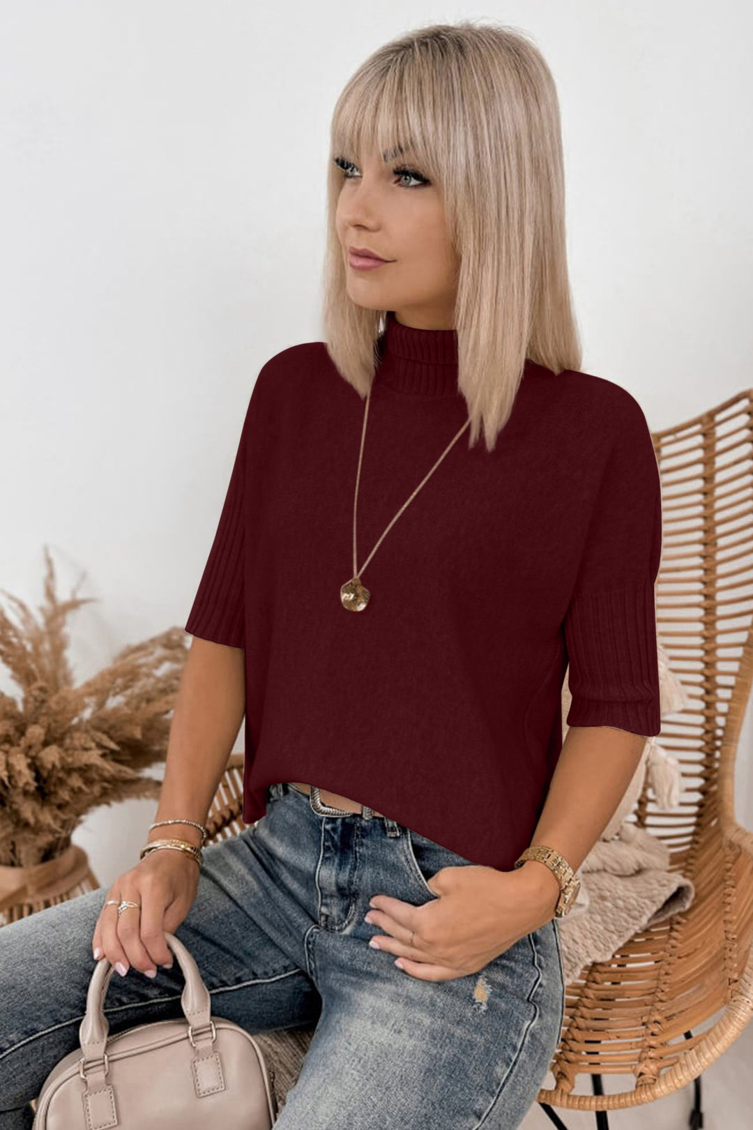 Dark Brown Ribbed Trim High Neck Short Sleeve Casual Sweater
