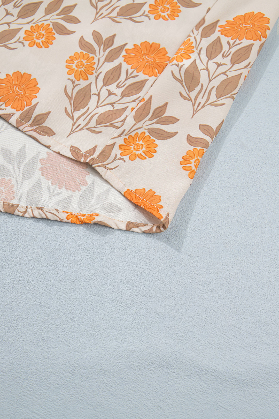 Orange Floral Print Contrast Detail V Neck Long Sleeve Blouse
