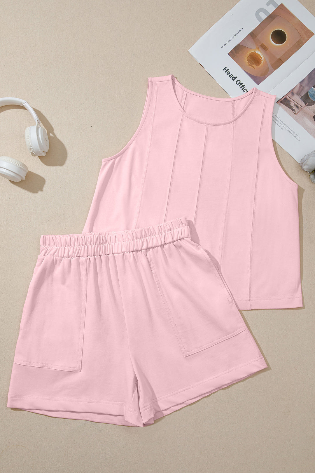 Mist Blue Stitched Detail Loose Tank Top 2pcs Short Set