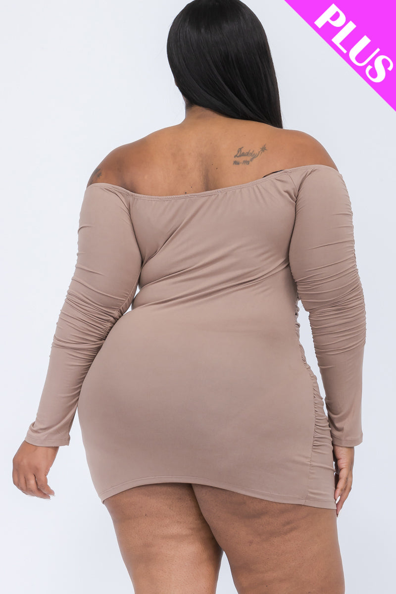 Plus Size Off Shoulder Ruched Long Sleeve Dress (CAPELLA)