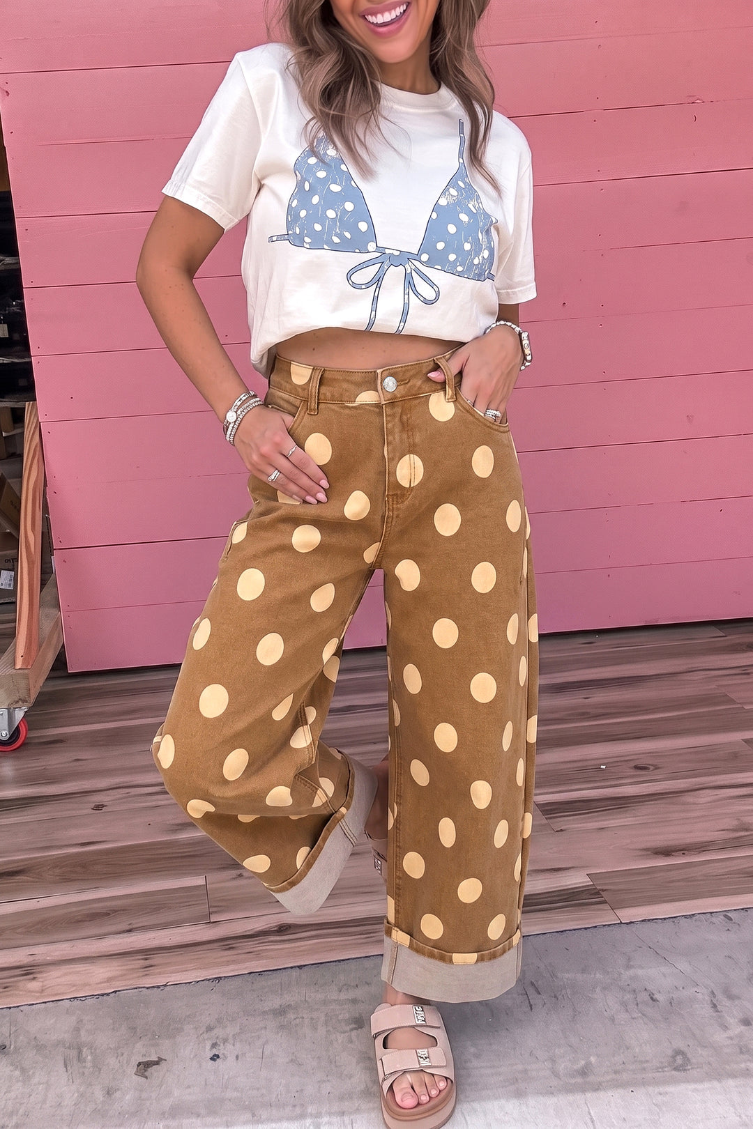 Sky Blue Polka Dot Ankle-Length Metal Button Casual Jeans