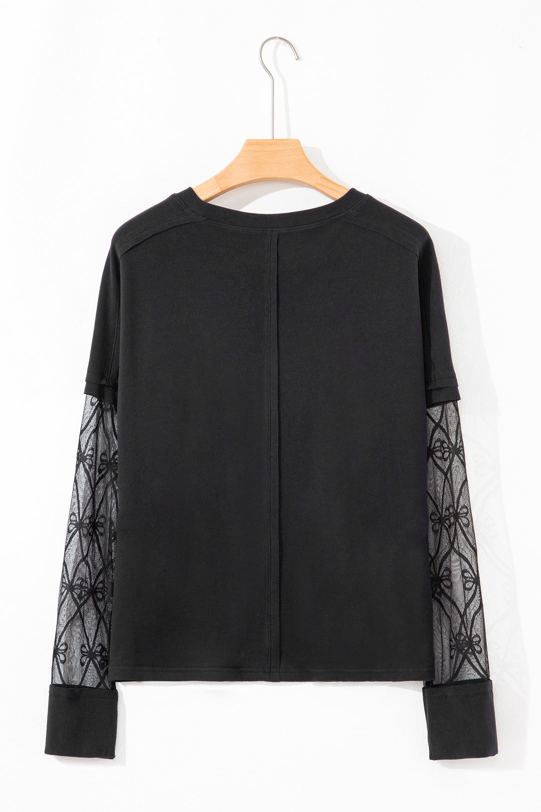 Black Solid Color Bow Textured Patchwork Long Sleeve Tee