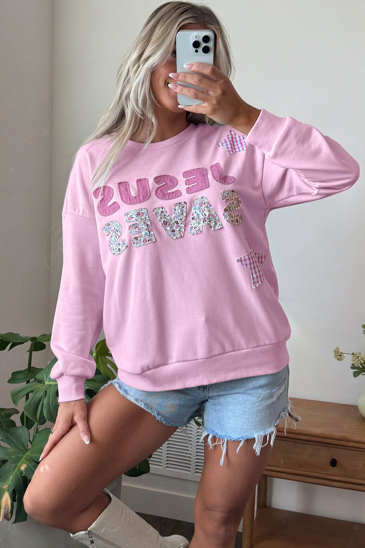 Pink Patchwork Stars Plaid Unique Floral Letters Baggy Sweatshirt