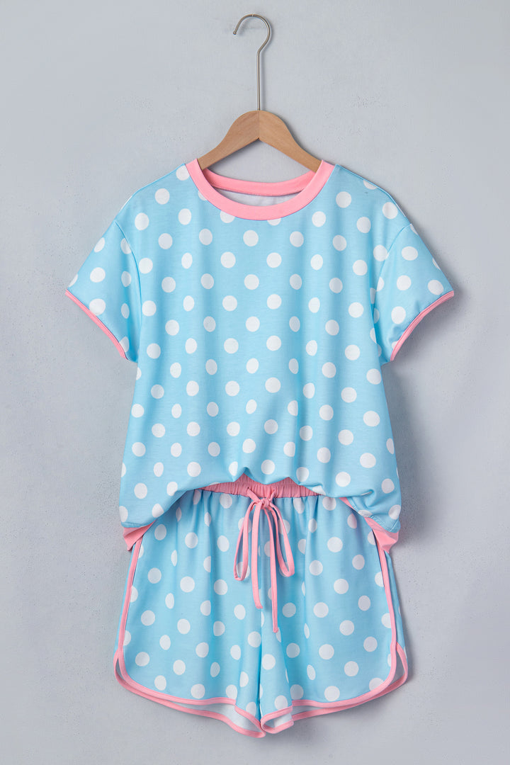 Pink Polka Dot Contrast Edge Casual Short Set