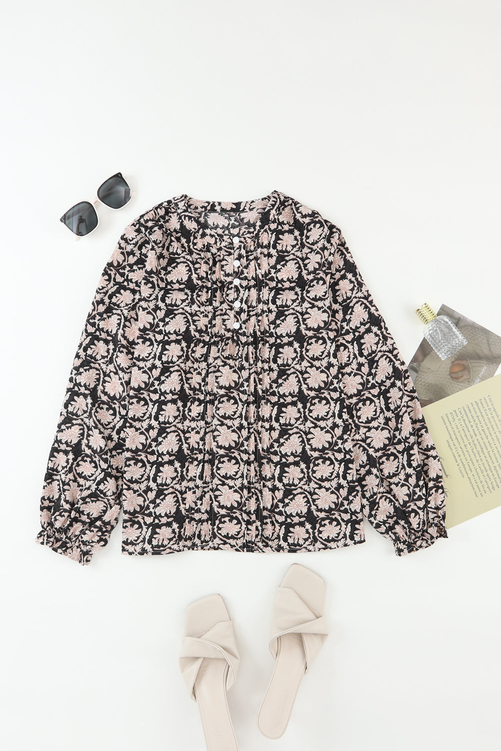 Black Floral Print Split Neck Pleated Puff Sleeve Blouse