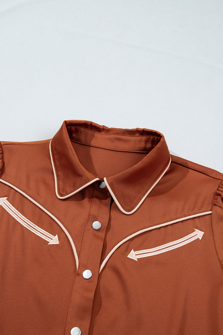 Cinnamon Silky Long Sleeve Button Front Western Fashion Shirt